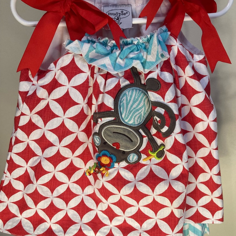 Mud Pie Red and Blue Kids Dress with Playful Monkey